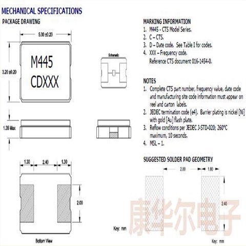 445A22A24M00000,陶瓷谐振器,CTS无源晶振,5032陶瓷晶体,进口贴片晶振,445晶体